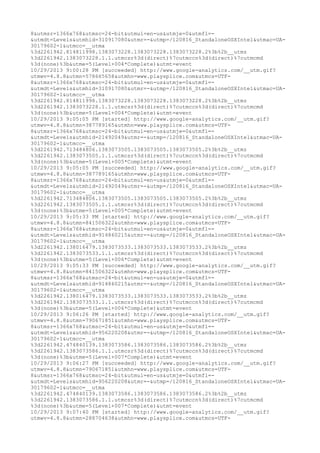 8&utmsr=1366x768&utmsc=24-bit&utmul=en-us&utmje=0&utmfl=- 
&utmdt=Levels&utmhid=310917080&utmr=-&utmp=/120816_StandaloneOSXIntel&utmac=UA- 
30179602-1&utmcc=__utma 
%3d2261942.814811998.1383073228.1383073228.1383073228.2%3b%2b__utmz 
%3d2261942.1383073228.1.1.utmcsr%3d(direct)%7cutmccn%3d(direct)%7cutmcmd 
%3d(none)%3b&utme=5(Level+004*Complete)&utmt=event 
10/29/2013 9:00:28 PM [succeeded] http://www.google-analytics.com/__utm.gif? 
utmwv=4.8.8&utmn=578665658&utmhn=www.playsplice.com&utmcs=UTF- 
8&utmsr=1366x768&utmsc=24-bit&utmul=en-us&utmje=0&utmfl=- 
&utmdt=Levels&utmhid=310917080&utmr=-&utmp=/120816_StandaloneOSXIntel&utmac=UA- 
30179602-1&utmcc=__utma 
%3d2261942.814811998.1383073228.1383073228.1383073228.2%3b%2b__utmz 
%3d2261942.1383073228.1.1.utmcsr%3d(direct)%7cutmccn%3d(direct)%7cutmcmd 
%3d(none)%3b&utme=5(Level+004*Complete)&utmt=event 
10/29/2013 9:05:05 PM [started] http://www.google-analytics.com/__utm.gif? 
utmwv=4.8.8&utmn=387789165&utmhn=www.playsplice.com&utmcs=UTF- 
8&utmsr=1366x768&utmsc=24-bit&utmul=en-us&utmje=0&utmfl=- 
&utmdt=Levels&utmhid=21492049&utmr=-&utmp=/120816_StandaloneOSXIntel&utmac=UA- 
30179602-1&utmcc=__utma 
%3d2261942.713484806.1383073505.1383073505.1383073505.2%3b%2b__utmz 
%3d2261942.1383073505.1.1.utmcsr%3d(direct)%7cutmccn%3d(direct)%7cutmcmd 
%3d(none)%3b&utme=5(Level+005*Complete)&utmt=event 
10/29/2013 9:05:05 PM [succeeded] http://www.google-analytics.com/__utm.gif? 
utmwv=4.8.8&utmn=387789165&utmhn=www.playsplice.com&utmcs=UTF- 
8&utmsr=1366x768&utmsc=24-bit&utmul=en-us&utmje=0&utmfl=- 
&utmdt=Levels&utmhid=21492049&utmr=-&utmp=/120816_StandaloneOSXIntel&utmac=UA- 
30179602-1&utmcc=__utma 
%3d2261942.713484806.1383073505.1383073505.1383073505.2%3b%2b__utmz 
%3d2261942.1383073505.1.1.utmcsr%3d(direct)%7cutmccn%3d(direct)%7cutmcmd 
%3d(none)%3b&utme=5(Level+005*Complete)&utmt=event 
10/29/2013 9:05:33 PM [started] http://www.google-analytics.com/__utm.gif? 
utmwv=4.8.8&utmn=841506322&utmhn=www.playsplice.com&utmcs=UTF- 
8&utmsr=1366x768&utmsc=24-bit&utmul=en-us&utmje=0&utmfl=- 
&utmdt=Levels&utmhid=914860215&utmr=-&utmp=/120816_StandaloneOSXIntel&utmac=UA- 
30179602-1&utmcc=__utma 
%3d2261942.138016479.1383073533.1383073533.1383073533.2%3b%2b__utmz 
%3d2261942.1383073533.1.1.utmcsr%3d(direct)%7cutmccn%3d(direct)%7cutmcmd 
%3d(none)%3b&utme=5(Level+006*Complete)&utmt=event 
10/29/2013 9:05:33 PM [succeeded] http://www.google-analytics.com/__utm.gif? 
utmwv=4.8.8&utmn=841506322&utmhn=www.playsplice.com&utmcs=UTF- 
8&utmsr=1366x768&utmsc=24-bit&utmul=en-us&utmje=0&utmfl=- 
&utmdt=Levels&utmhid=914860215&utmr=-&utmp=/120816_StandaloneOSXIntel&utmac=UA- 
30179602-1&utmcc=__utma 
%3d2261942.138016479.1383073533.1383073533.1383073533.2%3b%2b__utmz 
%3d2261942.1383073533.1.1.utmcsr%3d(direct)%7cutmccn%3d(direct)%7cutmcmd 
%3d(none)%3b&utme=5(Level+006*Complete)&utmt=event 
10/29/2013 9:06:26 PM [started] http://www.google-analytics.com/__utm.gif? 
utmwv=4.8.8&utmn=790671851&utmhn=www.playsplice.com&utmcs=UTF- 
8&utmsr=1366x768&utmsc=24-bit&utmul=en-us&utmje=0&utmfl=- 
&utmdt=Levels&utmhid=956220208&utmr=-&utmp=/120816_StandaloneOSXIntel&utmac=UA- 
30179602-1&utmcc=__utma 
%3d2261942.474840139.1383073586.1383073586.1383073586.2%3b%2b__utmz 
%3d2261942.1383073586.1.1.utmcsr%3d(direct)%7cutmccn%3d(direct)%7cutmcmd 
%3d(none)%3b&utme=5(Level+007*Complete)&utmt=event 
10/29/2013 9:06:27 PM [succeeded] http://www.google-analytics.com/__utm.gif? 
utmwv=4.8.8&utmn=790671851&utmhn=www.playsplice.com&utmcs=UTF- 
8&utmsr=1366x768&utmsc=24-bit&utmul=en-us&utmje=0&utmfl=- 
&utmdt=Levels&utmhid=956220208&utmr=-&utmp=/120816_StandaloneOSXIntel&utmac=UA- 
30179602-1&utmcc=__utma 
%3d2261942.474840139.1383073586.1383073586.1383073586.2%3b%2b__utmz 
%3d2261942.1383073586.1.1.utmcsr%3d(direct)%7cutmccn%3d(direct)%7cutmcmd 
%3d(none)%3b&utme=5(Level+007*Complete)&utmt=event 
10/29/2013 9:07:40 PM [started] http://www.google-analytics.com/__utm.gif? 
utmwv=4.8.8&utmn=288704638&utmhn=www.playsplice.com&utmcs=UTF- 
 