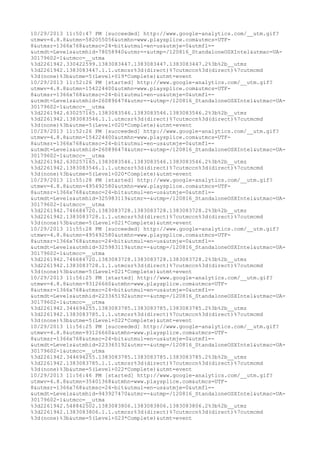 10/29/2013 11:50:47 PM [succeeded] http://www.google-analytics.com/__utm.gif? 
utmwv=4.8.8&utmn=582055056&utmhn=www.playsplice.com&utmcs=UTF- 
8&utmsr=1366x768&utmsc=24-bit&utmul=en-us&utmje=0&utmfl=- 
&utmdt=Levels&utmhid=78058940&utmr=-&utmp=/120816_StandaloneOSXIntel&utmac=UA- 
30179602-1&utmcc=__utma 
%3d2261942.330422599.1383083447.1383083447.1383083447.2%3b%2b__utmz 
%3d2261942.1383083447.1.1.utmcsr%3d(direct)%7cutmccn%3d(direct)%7cutmcmd 
%3d(none)%3b&utme=5(Level+019*Complete)&utmt=event 
10/29/2013 11:52:26 PM [started] http://www.google-analytics.com/__utm.gif? 
utmwv=4.8.8&utmn=154224400&utmhn=www.playsplice.com&utmcs=UTF- 
8&utmsr=1366x768&utmsc=24-bit&utmul=en-us&utmje=0&utmfl=- 
&utmdt=Levels&utmhid=260896474&utmr=-&utmp=/120816_StandaloneOSXIntel&utmac=UA- 
30179602-1&utmcc=__utma 
%3d2261942.630257165.1383083546.1383083546.1383083546.2%3b%2b__utmz 
%3d2261942.1383083546.1.1.utmcsr%3d(direct)%7cutmccn%3d(direct)%7cutmcmd 
%3d(none)%3b&utme=5(Level+020*Complete)&utmt=event 
10/29/2013 11:52:26 PM [succeeded] http://www.google-analytics.com/__utm.gif? 
utmwv=4.8.8&utmn=154224400&utmhn=www.playsplice.com&utmcs=UTF- 
8&utmsr=1366x768&utmsc=24-bit&utmul=en-us&utmje=0&utmfl=- 
&utmdt=Levels&utmhid=260896474&utmr=-&utmp=/120816_StandaloneOSXIntel&utmac=UA- 
30179602-1&utmcc=__utma 
%3d2261942.630257165.1383083546.1383083546.1383083546.2%3b%2b__utmz 
%3d2261942.1383083546.1.1.utmcsr%3d(direct)%7cutmccn%3d(direct)%7cutmcmd 
%3d(none)%3b&utme=5(Level+020*Complete)&utmt=event 
10/29/2013 11:55:28 PM [started] http://www.google-analytics.com/__utm.gif? 
utmwv=4.8.8&utmn=495492580&utmhn=www.playsplice.com&utmcs=UTF- 
8&utmsr=1366x768&utmsc=24-bit&utmul=en-us&utmje=0&utmfl=- 
&utmdt=Levels&utmhid=325983119&utmr=-&utmp=/120816_StandaloneOSXIntel&utmac=UA- 
30179602-1&utmcc=__utma 
%3d2261942.746684720.1383083728.1383083728.1383083728.2%3b%2b__utmz 
%3d2261942.1383083728.1.1.utmcsr%3d(direct)%7cutmccn%3d(direct)%7cutmcmd 
%3d(none)%3b&utme=5(Level+021*Complete)&utmt=event 
10/29/2013 11:55:28 PM [succeeded] http://www.google-analytics.com/__utm.gif? 
utmwv=4.8.8&utmn=495492580&utmhn=www.playsplice.com&utmcs=UTF- 
8&utmsr=1366x768&utmsc=24-bit&utmul=en-us&utmje=0&utmfl=- 
&utmdt=Levels&utmhid=325983119&utmr=-&utmp=/120816_StandaloneOSXIntel&utmac=UA- 
30179602-1&utmcc=__utma 
%3d2261942.746684720.1383083728.1383083728.1383083728.2%3b%2b__utmz 
%3d2261942.1383083728.1.1.utmcsr%3d(direct)%7cutmccn%3d(direct)%7cutmcmd 
%3d(none)%3b&utme=5(Level+021*Complete)&utmt=event 
10/29/2013 11:56:25 PM [started] http://www.google-analytics.com/__utm.gif? 
utmwv=4.8.8&utmn=93126660&utmhn=www.playsplice.com&utmcs=UTF- 
8&utmsr=1366x768&utmsc=24-bit&utmul=en-us&utmje=0&utmfl=- 
&utmdt=Levels&utmhid=223365192&utmr=-&utmp=/120816_StandaloneOSXIntel&utmac=UA- 
30179602-1&utmcc=__utma 
%3d2261942.344694255.1383083785.1383083785.1383083785.2%3b%2b__utmz 
%3d2261942.1383083785.1.1.utmcsr%3d(direct)%7cutmccn%3d(direct)%7cutmcmd 
%3d(none)%3b&utme=5(Level+022*Complete)&utmt=event 
10/29/2013 11:56:25 PM [succeeded] http://www.google-analytics.com/__utm.gif? 
utmwv=4.8.8&utmn=93126660&utmhn=www.playsplice.com&utmcs=UTF- 
8&utmsr=1366x768&utmsc=24-bit&utmul=en-us&utmje=0&utmfl=- 
&utmdt=Levels&utmhid=223365192&utmr=-&utmp=/120816_StandaloneOSXIntel&utmac=UA- 
30179602-1&utmcc=__utma 
%3d2261942.344694255.1383083785.1383083785.1383083785.2%3b%2b__utmz 
%3d2261942.1383083785.1.1.utmcsr%3d(direct)%7cutmccn%3d(direct)%7cutmcmd 
%3d(none)%3b&utme=5(Level+022*Complete)&utmt=event 
10/29/2013 11:56:46 PM [started] http://www.google-analytics.com/__utm.gif? 
utmwv=4.8.8&utmn=35401368&utmhn=www.playsplice.com&utmcs=UTF- 
8&utmsr=1366x768&utmsc=24-bit&utmul=en-us&utmje=0&utmfl=- 
&utmdt=Levels&utmhid=943927470&utmr=-&utmp=/120816_StandaloneOSXIntel&utmac=UA- 
30179602-1&utmcc=__utma 
%3d2261942.548842502.1383083806.1383083806.1383083806.2%3b%2b__utmz 
%3d2261942.1383083806.1.1.utmcsr%3d(direct)%7cutmccn%3d(direct)%7cutmcmd 
%3d(none)%3b&utme=5(Level+023*Complete)&utmt=event 
 