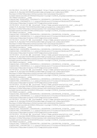 10/30/2013 12:16:21 AM [succeeded] http://www.google-analytics.com/__utm.gif? 
utmwv=4.8.8&utmn=64330660&utmhn=www.playsplice.com&utmcs=UTF- 
8&utmsr=1366x768&utmsc=24-bit&utmul=en-us&utmje=0&utmfl=- 
&utmdt=Levels&utmhid=595062036&utmr=-&utmp=/120816_StandaloneOSXIntel&utmac=UA- 
30179602-1&utmcc=__utma 
%3d2261942.426429922.1383084979.1383084979.1383084979.2%3b%2b__utmz 
%3d2261942.1383084979.1.1.utmcsr%3d(direct)%7cutmccn%3d(direct)%7cutmcmd 
%3d(none)%3b&utme=5(Level+027*Complete)&utmt=event 
10/30/2013 12:22:36 AM [started] http://www.google-analytics.com/__utm.gif? 
utmwv=4.8.8&utmn=763122626&utmhn=www.playsplice.com&utmcs=UTF- 
8&utmsr=1366x768&utmsc=24-bit&utmul=en-us&utmje=0&utmfl=- 
&utmdt=Levels&utmhid=390125042&utmr=-&utmp=/120816_StandaloneOSXIntel&utmac=UA- 
30179602-1&utmcc=__utma 
%3d2261942.126565624.1383085356.1383085356.1383085356.2%3b%2b__utmz 
%3d2261942.1383085356.1.1.utmcsr%3d(direct)%7cutmccn%3d(direct)%7cutmcmd 
%3d(none)%3b&utme=5(Level+028*Complete)&utmt=event 
10/30/2013 12:22:37 AM [succeeded] http://www.google-analytics.com/__utm.gif? 
utmwv=4.8.8&utmn=763122626&utmhn=www.playsplice.com&utmcs=UTF- 
8&utmsr=1366x768&utmsc=24-bit&utmul=en-us&utmje=0&utmfl=- 
&utmdt=Levels&utmhid=390125042&utmr=-&utmp=/120816_StandaloneOSXIntel&utmac=UA- 
30179602-1&utmcc=__utma 
%3d2261942.126565624.1383085356.1383085356.1383085356.2%3b%2b__utmz 
%3d2261942.1383085356.1.1.utmcsr%3d(direct)%7cutmccn%3d(direct)%7cutmcmd 
%3d(none)%3b&utme=5(Level+028*Complete)&utmt=event 
10/30/2013 12:26:52 AM [started] http://www.google-analytics.com/__utm.gif? 
utmwv=4.8.8&utmn=202280981&utmhn=www.playsplice.com&utmcs=UTF- 
8&utmsr=1366x768&utmsc=24-bit&utmul=en-us&utmje=0&utmfl=- 
&utmdt=Levels&utmhid=555074712&utmr=-&utmp=/120816_StandaloneOSXIntel&utmac=UA- 
30179602-1&utmcc=__utma 
%3d2261942.139039492.1383085612.1383085612.1383085612.2%3b%2b__utmz 
%3d2261942.1383085612.1.1.utmcsr%3d(direct)%7cutmccn%3d(direct)%7cutmcmd 
%3d(none)%3b&utme=5(Level+029*Complete)&utmt=event 
10/30/2013 12:26:53 AM [succeeded] http://www.google-analytics.com/__utm.gif? 
utmwv=4.8.8&utmn=202280981&utmhn=www.playsplice.com&utmcs=UTF- 
8&utmsr=1366x768&utmsc=24-bit&utmul=en-us&utmje=0&utmfl=- 
&utmdt=Levels&utmhid=555074712&utmr=-&utmp=/120816_StandaloneOSXIntel&utmac=UA- 
30179602-1&utmcc=__utma 
%3d2261942.139039492.1383085612.1383085612.1383085612.2%3b%2b__utmz 
%3d2261942.1383085612.1.1.utmcsr%3d(direct)%7cutmccn%3d(direct)%7cutmcmd 
%3d(none)%3b&utme=5(Level+029*Complete)&utmt=event 
10/30/2013 12:28:16 AM [started] http://www.google-analytics.com/__utm.gif? 
utmwv=4.8.8&utmn=550424532&utmhn=www.playsplice.com&utmcs=UTF- 
8&utmsr=1366x768&utmsc=24-bit&utmul=en-us&utmje=0&utmfl=- 
&utmdt=Levels&utmhid=638621340&utmr=-&utmp=/120816_StandaloneOSXIntel&utmac=UA- 
30179602-1&utmcc=__utma 
%3d2261942.902546397.1383085696.1383085696.1383085696.2%3b%2b__utmz 
%3d2261942.1383085696.1.1.utmcsr%3d(direct)%7cutmccn%3d(direct)%7cutmcmd 
%3d(none)%3b&utme=5(Level+030*Complete)&utmt=event 
10/30/2013 12:28:17 AM [succeeded] http://www.google-analytics.com/__utm.gif? 
utmwv=4.8.8&utmn=550424532&utmhn=www.playsplice.com&utmcs=UTF- 
8&utmsr=1366x768&utmsc=24-bit&utmul=en-us&utmje=0&utmfl=- 
&utmdt=Levels&utmhid=638621340&utmr=-&utmp=/120816_StandaloneOSXIntel&utmac=UA- 
30179602-1&utmcc=__utma 
%3d2261942.902546397.1383085696.1383085696.1383085696.2%3b%2b__utmz 
%3d2261942.1383085696.1.1.utmcsr%3d(direct)%7cutmccn%3d(direct)%7cutmcmd 
%3d(none)%3b&utme=5(Level+030*Complete)&utmt=event 
10/30/2013 12:29:46 AM [started] http://www.google-analytics.com/__utm.gif? 
utmwv=4.8.8&utmn=996859999&utmhn=www.playsplice.com&utmcs=UTF- 
8&utmsr=1366x768&utmsc=24-bit&utmul=en-us&utmje=0&utmfl=- 
&utmdt=Levels&utmhid=454206095&utmr=-&utmp=/120816_StandaloneOSXIntel&utmac=UA- 
30179602-1&utmcc=__utma 
%3d2261942.739403512.1383085786.1383085786.1383085786.2%3b%2b__utmz 
%3d2261942.1383085786.1.1.utmcsr%3d(direct)%7cutmccn%3d(direct)%7cutmcmd 
%3d(none)%3b&utme=5(Level+031*Complete)&utmt=event 
 