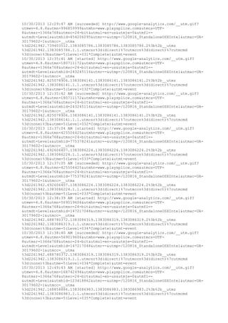 10/30/2013 12:29:47 AM [succeeded] http://www.google-analytics.com/__utm.gif? 
utmwv=4.8.8&utmn=996859999&utmhn=www.playsplice.com&utmcs=UTF- 
8&utmsr=1366x768&utmsc=24-bit&utmul=en-us&utmje=0&utmfl=- 
&utmdt=Levels&utmhid=454206095&utmr=-&utmp=/120816_StandaloneOSXIntel&utmac=UA- 
30179602-1&utmcc=__utma 
%3d2261942.739403512.1383085786.1383085786.1383085786.2%3b%2b__utmz 
%3d2261942.1383085786.1.1.utmcsr%3d(direct)%7cutmccn%3d(direct)%7cutmcmd 
%3d(none)%3b&utme=5(Level+031*Complete)&utmt=event 
10/30/2013 12:35:41 AM [started] http://www.google-analytics.com/__utm.gif? 
utmwv=4.8.8&utmn=180711172&utmhn=www.playsplice.com&utmcs=UTF- 
8&utmsr=1366x768&utmsc=24-bit&utmul=en-us&utmje=0&utmfl=- 
&utmdt=Levels&utmhid=243245116&utmr=-&utmp=/120816_StandaloneOSXIntel&utmac=UA- 
30179602-1&utmcc=__utma 
%3d2261942.825078906.1383086141.1383086141.1383086141.2%3b%2b__utmz 
%3d2261942.1383086141.1.1.utmcsr%3d(direct)%7cutmccn%3d(direct)%7cutmcmd 
%3d(none)%3b&utme=5(Level+032*Complete)&utmt=event 
10/30/2013 12:35:42 AM [succeeded] http://www.google-analytics.com/__utm.gif? 
utmwv=4.8.8&utmn=180711172&utmhn=www.playsplice.com&utmcs=UTF- 
8&utmsr=1366x768&utmsc=24-bit&utmul=en-us&utmje=0&utmfl=- 
&utmdt=Levels&utmhid=243245116&utmr=-&utmp=/120816_StandaloneOSXIntel&utmac=UA- 
30179602-1&utmcc=__utma 
%3d2261942.825078906.1383086141.1383086141.1383086141.2%3b%2b__utmz 
%3d2261942.1383086141.1.1.utmcsr%3d(direct)%7cutmccn%3d(direct)%7cutmcmd 
%3d(none)%3b&utme=5(Level+032*Complete)&utmt=event 
10/30/2013 12:37:04 AM [started] http://www.google-analytics.com/__utm.gif? 
utmwv=4.8.8&utmn=425504425&utmhn=www.playsplice.com&utmcs=UTF- 
8&utmsr=1366x768&utmsc=24-bit&utmul=en-us&utmje=0&utmfl=- 
&utmdt=Levels&utmhid=775378241&utmr=-&utmp=/120816_StandaloneOSXIntel&utmac=UA- 
30179602-1&utmcc=__utma 
%3d2261942.692606407.1383086224.1383086224.1383086224.2%3b%2b__utmz 
%3d2261942.1383086224.1.1.utmcsr%3d(direct)%7cutmccn%3d(direct)%7cutmcmd 
%3d(none)%3b&utme=5(Level+033*Complete)&utmt=event 
10/30/2013 12:37:05 AM [succeeded] http://www.google-analytics.com/__utm.gif? 
utmwv=4.8.8&utmn=425504425&utmhn=www.playsplice.com&utmcs=UTF- 
8&utmsr=1366x768&utmsc=24-bit&utmul=en-us&utmje=0&utmfl=- 
&utmdt=Levels&utmhid=775378241&utmr=-&utmp=/120816_StandaloneOSXIntel&utmac=UA- 
30179602-1&utmcc=__utma 
%3d2261942.692606407.1383086224.1383086224.1383086224.2%3b%2b__utmz 
%3d2261942.1383086224.1.1.utmcsr%3d(direct)%7cutmccn%3d(direct)%7cutmcmd 
%3d(none)%3b&utme=5(Level+033*Complete)&utmt=event 
10/30/2013 12:38:39 AM [started] http://www.google-analytics.com/__utm.gif? 
utmwv=4.8.8&utmn=569019606&utmhn=www.playsplice.com&utmcs=UTF- 
8&utmsr=1366x768&utmsc=24-bit&utmul=en-us&utmje=0&utmfl=- 
&utmdt=Levels&utmhid=147217048&utmr=-&utmp=/120816_StandaloneOSXIntel&utmac=UA- 
30179602-1&utmcc=__utma 
%3d2261942.688780372.1383086319.1383086319.1383086319.2%3b%2b__utmz 
%3d2261942.1383086319.1.1.utmcsr%3d(direct)%7cutmccn%3d(direct)%7cutmcmd 
%3d(none)%3b&utme=5(Level+034*Complete)&utmt=event 
10/30/2013 12:38:40 AM [succeeded] http://www.google-analytics.com/__utm.gif? 
utmwv=4.8.8&utmn=569019606&utmhn=www.playsplice.com&utmcs=UTF- 
8&utmsr=1366x768&utmsc=24-bit&utmul=en-us&utmje=0&utmfl=- 
&utmdt=Levels&utmhid=147217048&utmr=-&utmp=/120816_StandaloneOSXIntel&utmac=UA- 
30179602-1&utmcc=__utma 
%3d2261942.688780372.1383086319.1383086319.1383086319.2%3b%2b__utmz 
%3d2261942.1383086319.1.1.utmcsr%3d(direct)%7cutmccn%3d(direct)%7cutmcmd 
%3d(none)%3b&utme=5(Level+034*Complete)&utmt=event 
10/30/2013 12:49:43 AM [started] http://www.google-analytics.com/__utm.gif? 
utmwv=4.8.8&utmn=168742494&utmhn=www.playsplice.com&utmcs=UTF- 
8&utmsr=1366x768&utmsc=24-bit&utmul=en-us&utmje=0&utmfl=- 
&utmdt=Levels&utmhid=123418862&utmr=-&utmp=/120816_StandaloneOSXIntel&utmac=UA- 
30179602-1&utmcc=__utma 
%3d2261942.168858886.1383086983.1383086983.1383086983.2%3b%2b__utmz 
%3d2261942.1383086983.1.1.utmcsr%3d(direct)%7cutmccn%3d(direct)%7cutmcmd 
%3d(none)%3b&utme=5(Level+035*Complete)&utmt=event 
 