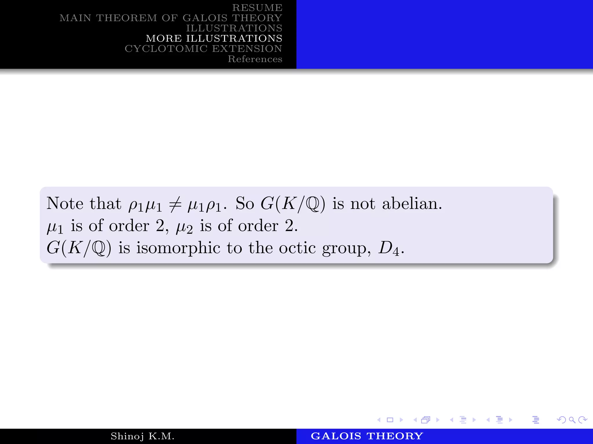 RESUME
MAIN THEOREM OF GALOIS THEORY
ILLUSTRATIONS
MORE ILLUSTRATIONS
CYCLOTOMIC EXTENSION
References
Note that ρ1µ1 = µ1ρ1. So G(K/Q) is not abelian.
µ1 is of order 2, µ2 is of order 2.
G(K/Q) is isomorphic to the octic group, D4.
Shinoj K.M. Department of MathematicsGALOIS THEORY
 