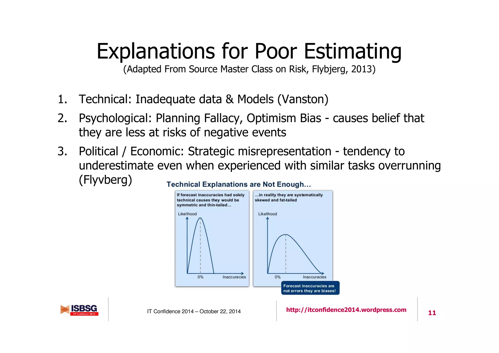 11IT Confidence 2014 – October 22, 2014 http://itconfidence2014.wordpress.com
Explanations for Poor Estimating
(Adapted From Source Master Class on Risk, Flybjerg, 2013)
1. Technical: Inadequate data & Models (Vanston)
2. Psychological: Planning Fallacy, Optimism Bias - causes belief that
they are less at risks of negative events
3. Political / Economic: Strategic misrepresentation - tendency to
underestimate even when experienced with similar tasks overrunning
(Flyvberg)
 