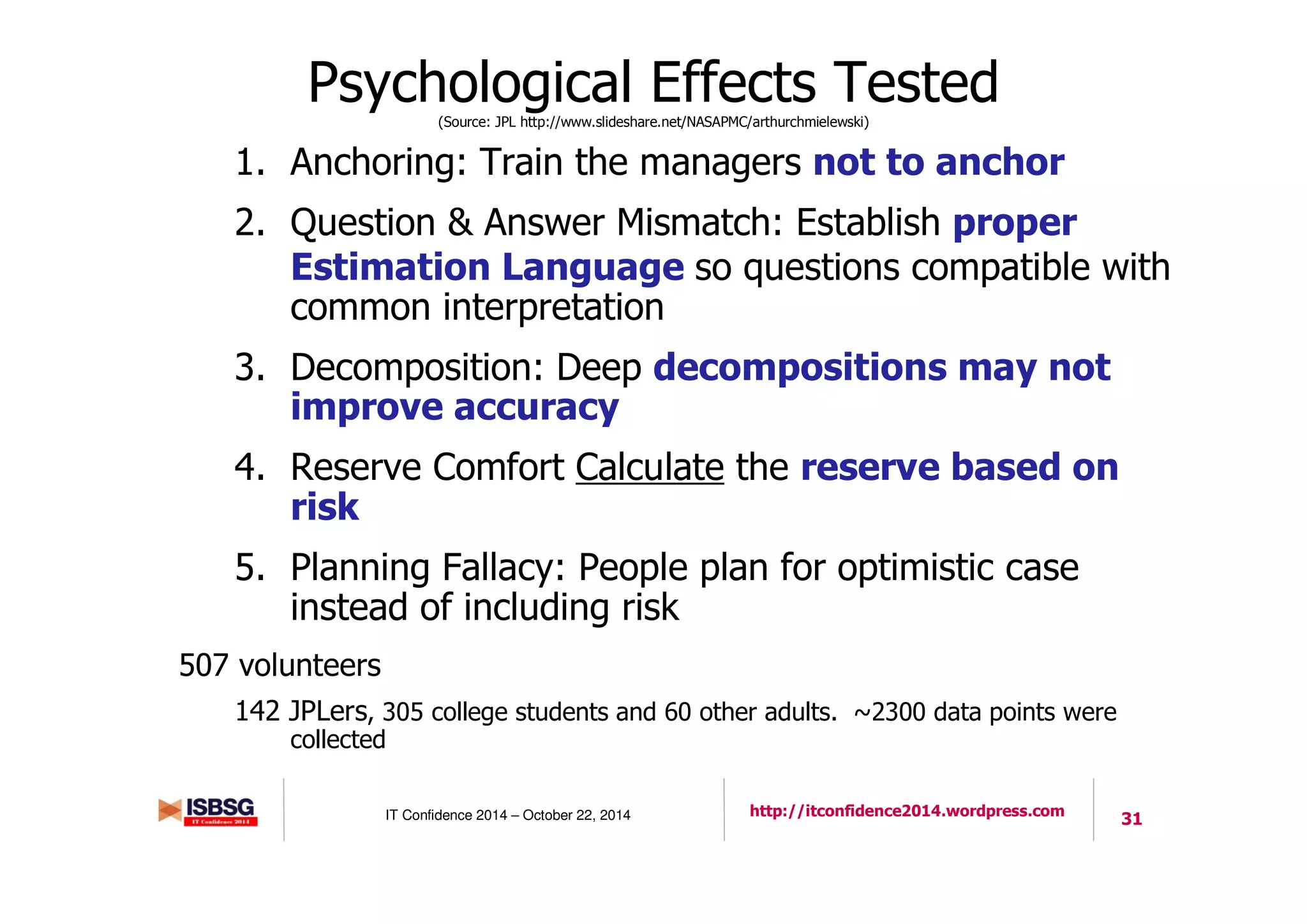 31IT Confidence 2014 – October 22, 2014 http://itconfidence2014.wordpress.com
Psychological Effects Tested(Source: JPL http://www.slideshare.net/NASAPMC/arthurchmielewski)
1. Anchoring: Train the managers not to anchor
2. Question & Answer Mismatch: Establish proper
Estimation Language so questions compatible with
common interpretation
3. Decomposition: Deep decompositions may not
improve accuracy
4. Reserve Comfort Calculate the reserve based on
risk
5. Planning Fallacy: People plan for optimistic case
instead of including risk
507 volunteers
142 JPLers, 305 college students and 60 other adults. ~2300 data points were
collected
 