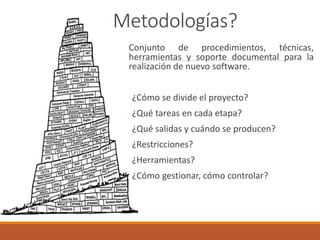 Metodologías? 
Conjuntodeprocedimientos,técnicas, herramientasysoportedocumentalparalarealizacióndenuevosoftware. 
¿Cómosedivideelproyecto? 
¿Quétareasencadaetapa? 
¿Quésalidasycuándoseproducen? 
¿Restricciones? 
¿Herramientas? 
¿Cómogestionar,cómocontrolar?  