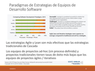 Paradigmas de Estrategias de Equipos de Desarrollo Software 
Las estrategias Agile y Lean son más efectivas que las estrategias tradicionales de Cascada 
Los equipos de proyectos ad-hoc (sin proceso definido) y proyectos tradicionales tienen tasas de éxito más bajas que los equipos de proyectos ágiles / iterativos 
10/29/2014 8 
 