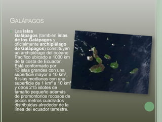 GALÁPAGOS 
 Las islas 
Galápagos (también islas 
de los Galápagos y 
oficialmente archipiélago 
de Galápagos) constituyen 
un archipiélago del océano 
Pacífico ubicado a 1000 km 
de la costa de Ecuador. 
Está conformado por 
13 islas grandes con una 
superficie mayor a 10 km², 
5 islas medianas con una 
superficie de 1 km² a 10 km² 
y otros 215 islotes de 
tamaño pequeño además 
de promontorios rocosos de 
pocos metros cuadrados 
distribuidas alrededor de la 
línea del ecuador terrestre. 
 