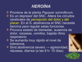 HEROÍNA Proviene de la planta  Papaver somniferum. Es un depresor del SNC. Altera los circuitos cerebrales de  percepción del dolor y del placer . En el S. abstinencia el SNC necesita heroína para regular estas funciones. Provoca estado de bienestar, ausencia de dolor, naúseas, vomitos, bajada ritmo respiratorio Se aumenta muy rápido el nivel de tolerancia. Sind.abstinencia severo -> agresividad, náuseas, diarrea (a las 8 h- 10 días). 