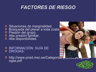 FACTORES DE RIESGO Situaciones de marginalidad. Búsqueda del placer a toda costa. Presión del grupo. Alta presión familiar. Alta disponibilidad. INFORMACIÓN: GUÍA DE DROGAS : http://www.pnsd.msc.es/Categoria2/publica/pdf/guiaDrogas.pdf 