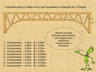 A próxima peça é a treliça curva, será necessário a confecção de 10 treliças.
1 - Comprimento: 4,30m Ø = 0,05m
2 - Comprimento: 0,98m Ø = 0,04m
3 - Comprimento: 0,95m Ø = 0,05m
4 - Comprimento: ~ 5,50m Ø = 0,05m
5 - Comprimento: ~ 0,70m Ø = 0,035m
6 - Comprimento: ~ 0,66m Ø = 0,035m
7 - Comprimento: ~ 0,45m Ø = 0,035m
8 - Comprimento: ~ 0,43m Ø = 0,035m
9 - Comprimento: ~ 0,41m Ø = 0,035m
Observe as peças
indicadas pelos números
e em seguida seus
respectivos
comprimentos e
diâmetros.
2
3
 