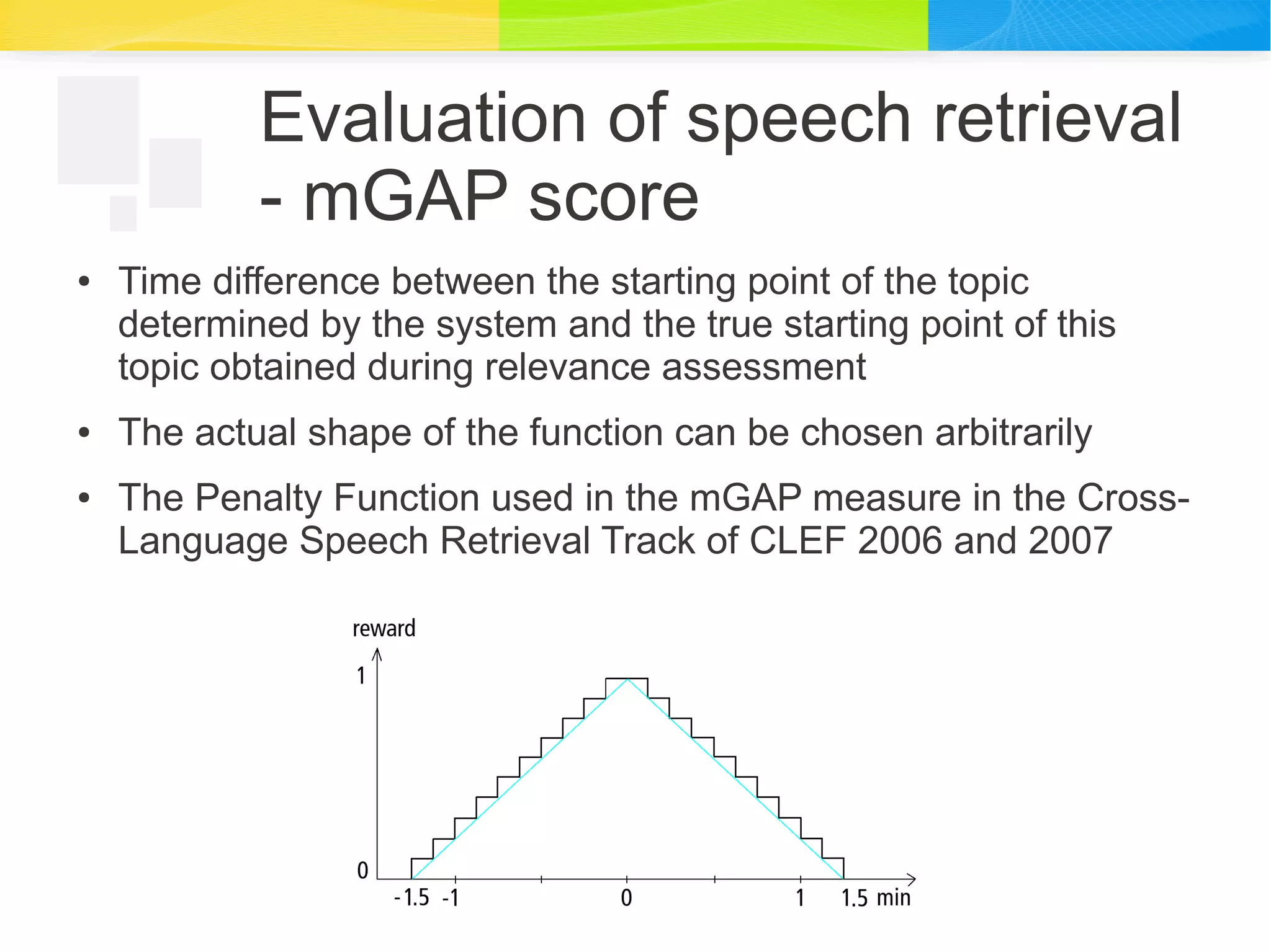 Evaluation of speech retrieval
- mGAP score
● Time difference between the starting point of the topic
determined by the system and the true starting point of this
topic obtained during relevance assessment
● The actual shape of the function can be chosen arbitrarily
● The Penalty Function used in the mGAP measure in the Cross-
Language Speech Retrieval Track of CLEF 2006 and 2007
 