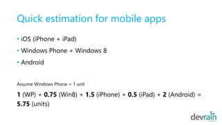 Quick estimation for mobile apps
• iOS (iPhone + iPad)
• Windows Phone + Windows 8
• Android
Assume Windows Phone = 1 unit
1 (WP) + 0.75 (Win8) + 1.5 (iPhone) + 0.5 (iPad) + 2 (Android) =
5.75 (units)
 