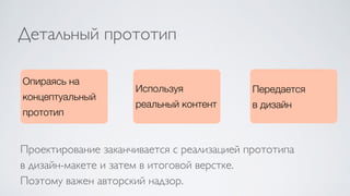 Детальный прототип
Опираясь на
концептуальный
прототип
Используя
реальный контент
Передается
в дизайн
Проектирование заканчивается с реализацией прототипа  
в дизайн-макете и затем в итоговой верстке.  
Поэтому важен авторский надзор.
 