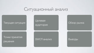 Ситуационный анализ
Текущая ситуация
Целевая
аудитория
Обзор рынка
Точки принятия
решения
SWOT-анализ Выводы
 