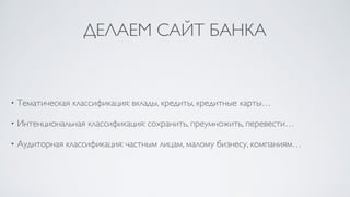 ДЕЛАЕМ САЙТ БАНКА
• Тематическая классификация: вклады, кредиты, кредитные карты…
• Интенциональная классификация: сохранить, преумножить, перевести…
• Аудиторная классификация: частным лицам, малому бизнесу, компаниям…
 