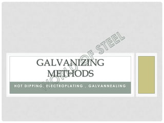 GALVANIZING
          METHODS
HOT DIPPING, ELECTROPLATING , GALVANNEALING
 