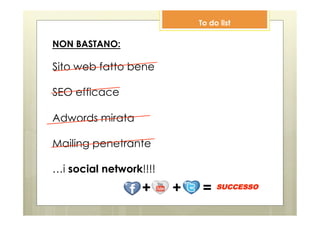 To do list

NON BASTANO:

Sito web fatto bene

SEO efficace

Adwords mirata

Mailing penetrante

…i social network!!!!
                  +     +    = SUCCESSO
 