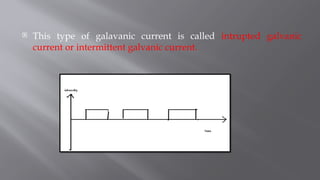  This type of galavanic current is called intrupted galvanic
current or intermittent galvanic current.
 