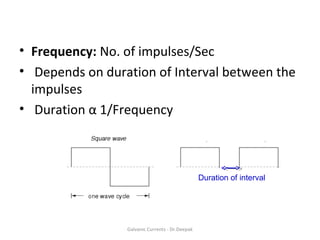 • Frequency: No. of impulses/Sec
• Depends on duration of Interval between the
impulses
• Duration α 1/Frequency
Galvanic Currents - Dr.Deepak
Duration of interval
 