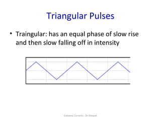 Triangular Pulses
• Traingular: has an equal phase of slow rise
and then slow falling off in intensity
Galvanic Currents - Dr.Deepak
 