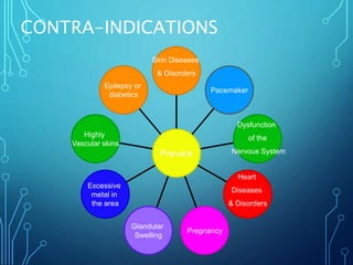 CONTRA-INDICATIONS
Epilepsy or
diabetics
Highly
Vascular skins
Excessive
metal in
the area
Glandular
Swelling
Pregnancy
Heart
Diseases
& Disorders
Dysfunction
of the
Nervous System
Pacemaker
Skin Diseases
& Disorders
Prevent
 