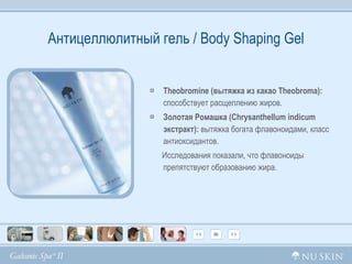 Антицеллюлитный гель /  Body Shaping Gel Theobromine (вытяжка из какао Theobroma):  способствует расщеплению жиров. Золотая Ромашка (Chrysanthellum indicum экстракт):  вытяжка богата флавоноидами, класс антиоксидантов. Исследования показали, что флавоноиды препятствуют образованию жира.  