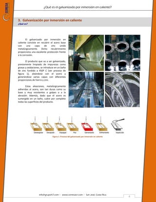 ¿Qué es el galvanizado por inmersión en caliente?
info@grupoh7.com ǀ www.cemesacr.com ǀ San José, Costa Rica.
4
3. Galvanización por inmersión en caliente
¿Qué es?
El galvanizado por inmersión en
caliente consiste en recubrir el acero base
con una capa de zinc unido
metalúrgicamente. Dicho recubrimiento
proporciona una excelente protección frente
a la corrosión.
El producto que va a ser galvanizado,
previamente limpiado de impurezas como
grasas y oxidaciones, se introduce en un baño
de zinc fundido a 450º C (ver proceso de
figura 1), aleándose con el acero y
generándose varias capas con diferentes
proporciones de hierro y zinc.
Estas aleaciones, metalúrgicamente
adheridas al acero, son tan duras como su
base y muy resistentes a golpes o a la
abrasión. Además, dado que el acero es
sumergido en un baño, cubre por completo
todas las superficies del producto.
Figura 1. Proceso del galvanizado por inmersión en caliente
 