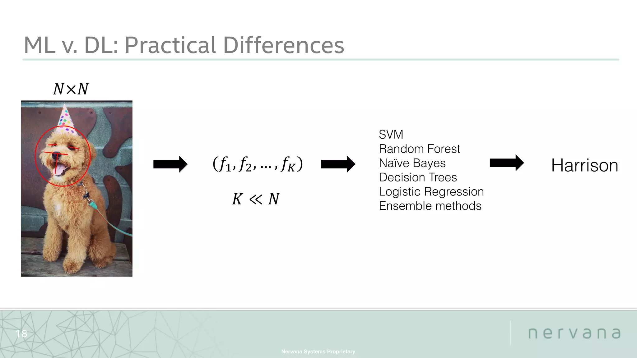 Nervana Systems Proprietary
18
ML v. DL: Practical Differences
 
SVM
Random Forest
Naïve Bayes
Decision Trees
Logistic Regression
Ensemble methods
 
 
Harrison
 