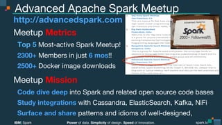 Power of data. Simplicity of design. Speed of innovation.
IBM Spark
 spark.tc
spark.tc
Power of data. Simplicity of design. Speed of innovation.
IBM Spark
Advanced Apache Spark Meetup
http://advancedspark.com
Meetup Metrics
Top 5 Most-active Spark Meetup!
2300+ Members in just 6 mos!!
2500+ Docker image downloads
Meetup Mission
Code dive deep into Spark and related open source code bases
Study integrations with Cassandra, ElasticSearch, Kafka, NiFi
Surface and share patterns and idioms of well-designed, 

 

 