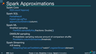 Power of data. Simplicity of design. Speed of innovation.
IBM Spark
 spark.tc
spark.tc
Power of data. Simplicity of design. Speed of innovation.
IBM Spark
Spark Approximations
Spark Core

RDD.count*Approx()
Spark SQL

PartialResult

HyperLogLogPlus

approxCountDistinct(column)
Spark ML

Stratiﬁed sampling

 
PairRDD.sampleByKey(fractions: Double[ ])

DIMSUM sampling

 
Probabilistic sampling reduces amount of comparison shuﬄe

 
RowMatrix.columnSimilarities(threshold)
Spark Streaming

A/B testing

 
StreamingTest.setTestMethod(“welch”).registerStream(dstream)
30
 