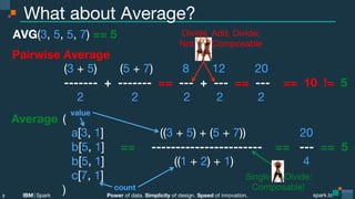 Power of data. Simplicity of design. Speed of innovation.
IBM Spark
 spark.tc
spark.tc
Power of data. Simplicity of design. Speed of innovation.
IBM Spark
What about Average?
Average
 ( 

 
 
 
 
a[3, 1]
 
 
 
 ((3 + 5) + (5 + 7)) 
 
 
 
 
20

 
 
 
 
b[5, 1] == ----------------------- == --- == 5

 
 
 
 
b[5, 1] 
 
 
 
 
 ((1 + 2) + 1) 
 
 
 
 
 
 4


 
 
 
 
c[7, 1]
 


 
 
 
 )
8
value
count
Pairwise Average

 (3 + 5) (5 + 7) 8 12 20

 ------- + ------- == --- + --- == --- == 10 != 5

 2 
 2 
 2 2
 2
Divide, Add, Divide:
Not 
Composable
Single Divide:
Composable!
AVG(3, 5, 5, 7) == 5
 