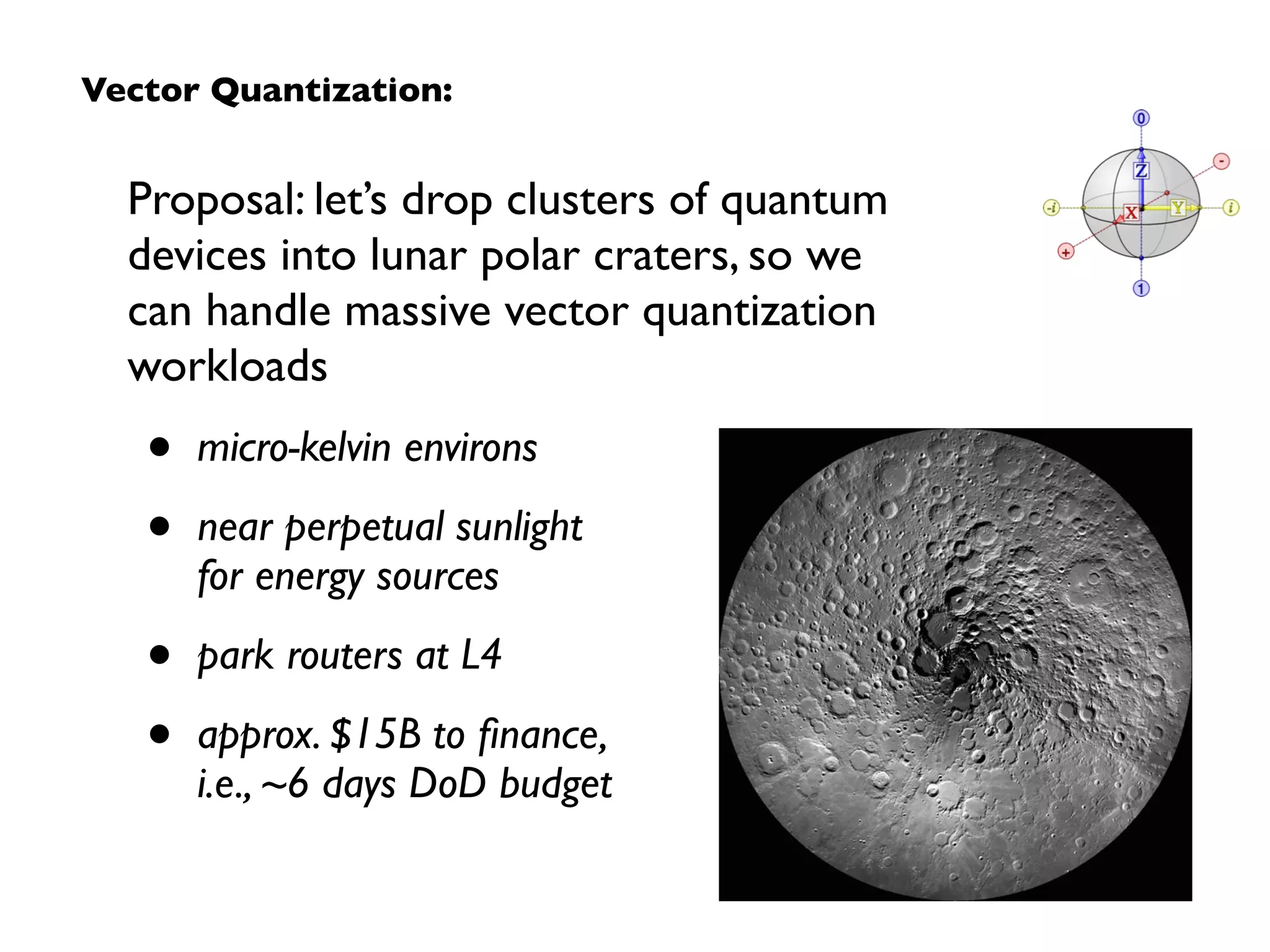 Proposal: let’s drop clusters of quantum
devices into lunar polar craters, so we  
can handle massive vector quantization
workloads
• micro-kelvin environs
• near perpetual sunlight  
for energy sources
• park routers at L4
• approx. $15B to ﬁnance,  
i.e., ~6 days DoD budget
Vector Quantization:
 
