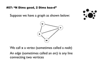 Suppose we have a graph as shown below:
We call x a vertex (sometimes called a node)
An edge (sometimes called an arc) is any line
connecting two vertices
v
u
w
x
#07: “N Dims good, 2 Dims baa-d”
 