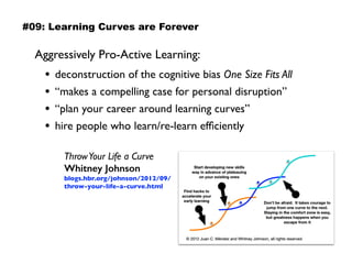 ThrowYour Life a Curve 
Whitney Johnson
blogs.hbr.org/johnson/2012/09/
throw-your-life-a-curve.html
Aggressively Pro-Active Learning:
• deconstruction of the cognitive bias One Size Fits All
• “makes a compelling case for personal disruption”
• “plan your career around learning curves”
• hire people who learn/re-learn efﬁciently
#09: Learning Curves are Forever
 