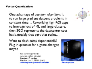 One advantage of quantum algorithms is  
to run large gradient descent problems in
constant time… Reworking high-ROI apps
to leverage lots of ML and large clusters,  
then SGD represents the datacenter cost
basis, notably that part that scales…
Want to slash costs exponentially?  
Plug in quantum for a game-changer, 
maybe
Fast quantum algorithm for  
numerical gradient estimation 
Stephen P. Jordan 
Phys. Rev. Lett. 95, 050501 (2005) 
arxiv.org/abs/quant-ph/0405146 dwavesys.com
Vector Quantization:
 