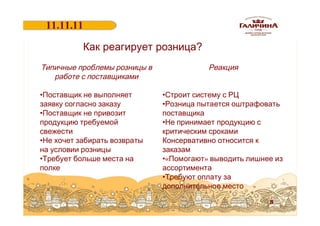 11.11.11
18.06.2011
Как реагирует розница?
Типичные проблемы розницы в
работе с поставщиками
•Поставщик не выполняет
заявку согласно заказу
•Поставщик не привозит
продукцию требуемой
свежести
•Не хочет забирать возвраты
на условии розницы
•Требует больше места на
полке

Реакция
•Строит систему с РЦ
•Розница пытается оштрафовать
поставщика
•Не принимает продукцию с
критическим сроками
Консервативно относится к
заказам
•«Помогают» выводить лишнее из
ассортимента
•Требуют оплату за
дополнительное место
8

 