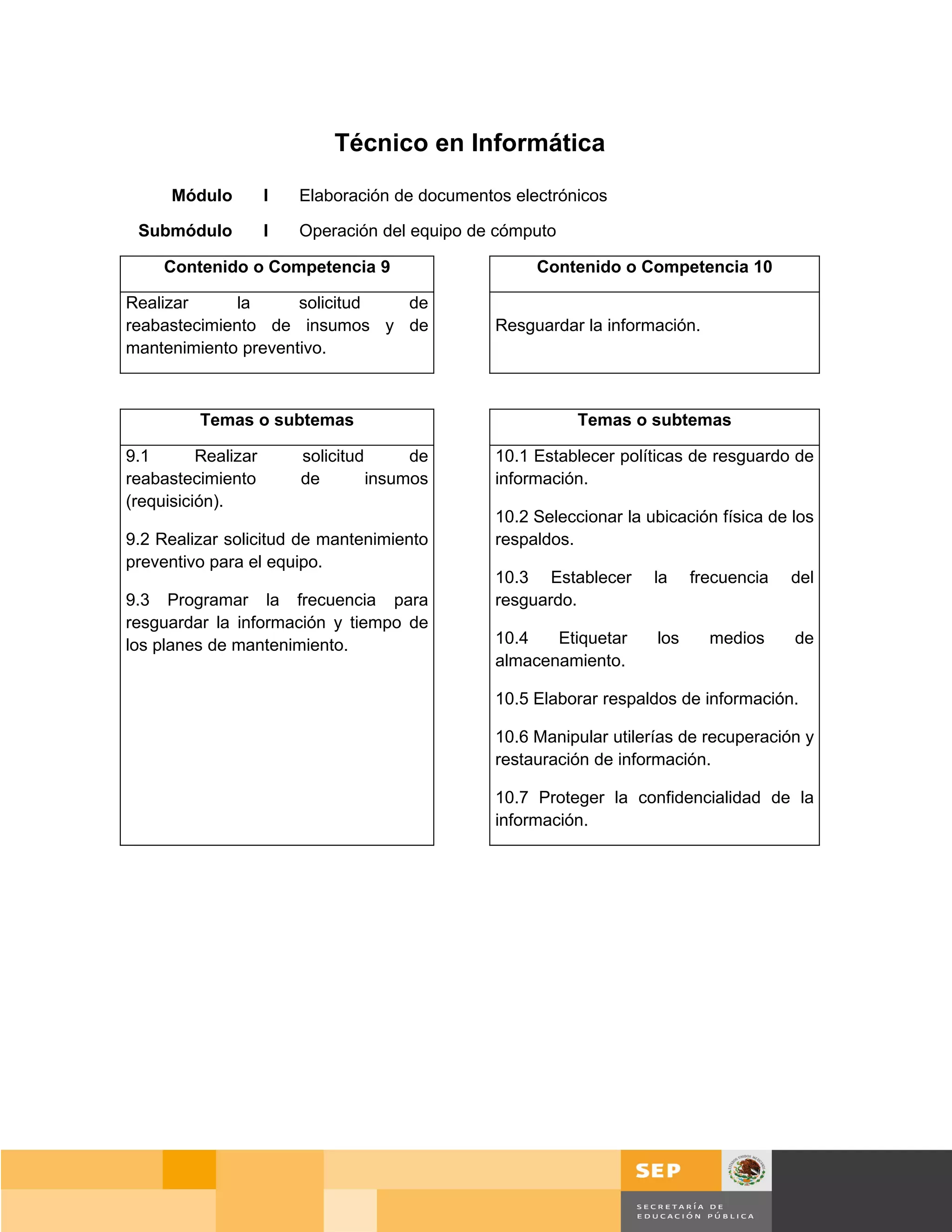 Técnico en Informática

      Módulo         I   Elaboración de documentos electrónicos

 Submódulo           I   Operación del equipo de cómputo

     Contenido o Competencia 9                        Contenido o Competencia 10

Realizar      la     solicitud de
reabastecimiento de insumos y de                 Resguardar la información.
mantenimiento preventivo.



          Temas o subtemas                                  Temas o subtemas

9.1       Realizar       solicitud      de       10.1 Establecer políticas de resguardo de
reabastecimiento         de        insumos       información.
(requisición).
                                                 10.2 Seleccionar la ubicación física de los
9.2 Realizar solicitud de mantenimiento          respaldos.
preventivo para el equipo.
                                                 10.3 Establecer      la    frecuencia     del
9.3 Programar la frecuencia para                 resguardo.
resguardar la información y tiempo de
los planes de mantenimiento.                     10.4   Etiquetar     los     medios        de
                                                 almacenamiento.

                                                 10.5 Elaborar respaldos de información.

                                                 10.6 Manipular utilerías de recuperación y
                                                 restauración de información.

                                                 10.7 Proteger la confidencialidad de la
                                                 información.




                                                                                             Página 10 de 159
                                                                                         Página de
 