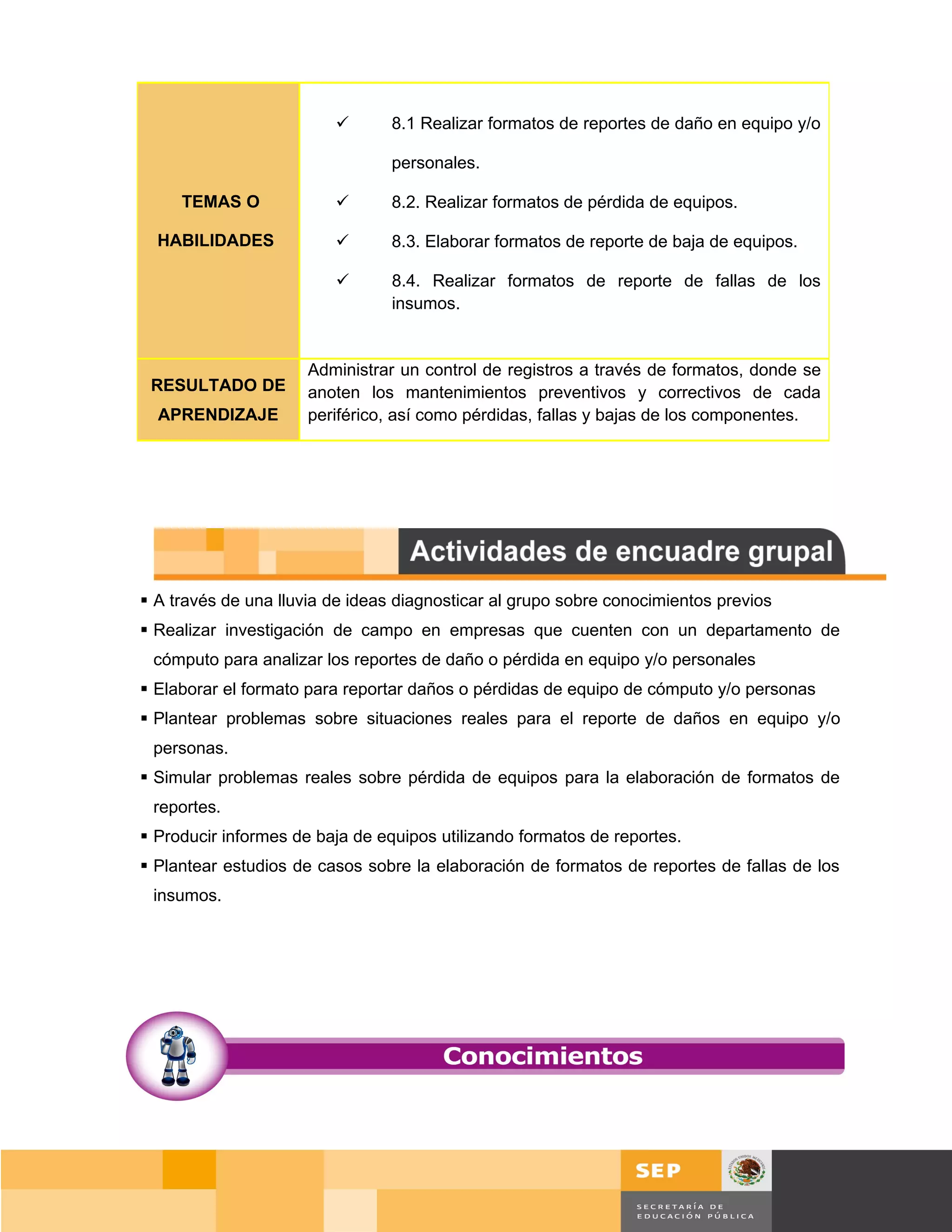        8.1 Realizar formatos de reportes de daño en equipo y/o

                                 personales.

     TEMAS O                    8.2. Realizar formatos de pérdida de equipos.

  HABILIDADES                   8.3. Elaborar formatos de reporte de baja de equipos.

                                8.4. Realizar formatos de reporte de fallas de los
                                 insumos.


                      Administrar un control de registros a través de formatos, donde se
 RESULTADO DE         anoten los mantenimientos preventivos y correctivos de cada
  APRENDIZAJE         periférico, así como pérdidas, fallas y bajas de los componentes.




 A través de una lluvia de ideas diagnosticar al grupo sobre conocimientos previos
 Realizar investigación de campo en empresas que cuenten con un departamento de
 cómputo para analizar los reportes de daño o pérdida en equipo y/o personales
 Elaborar el formato para reportar daños o pérdidas de equipo de cómputo y/o personas
 Plantear problemas sobre situaciones reales para el reporte de daños en equipo y/o
 personas.
 Simular problemas reales sobre pérdida de equipos para la elaboración de formatos de
 reportes.
 Producir informes de baja de equipos utilizando formatos de reportes.
 Plantear estudios de casos sobre la elaboración de formatos de reportes de fallas de los
 insumos.




                                                                                         Página 121 de 159
                                                                                  Página de
 