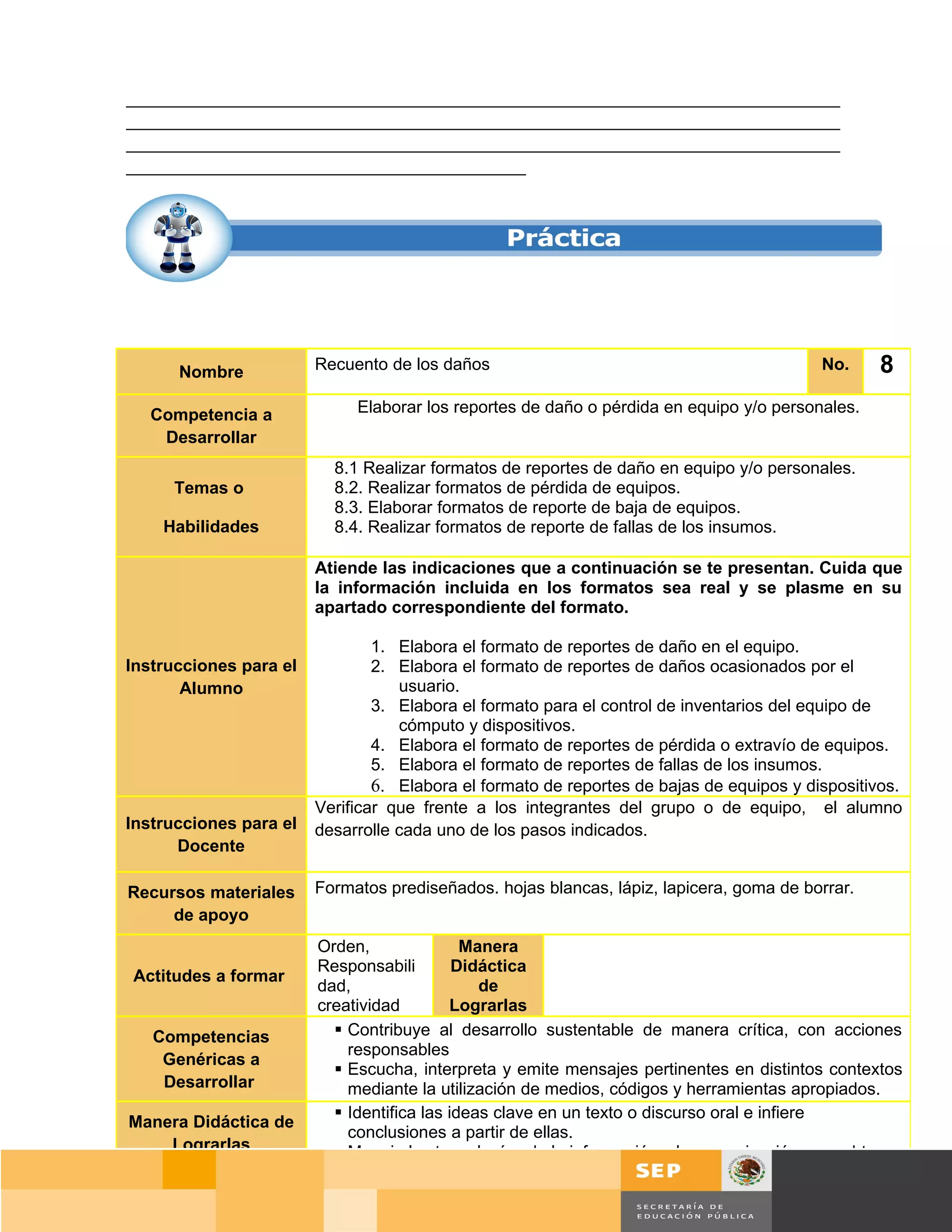___________________________________________________________________________
___________________________________________________________________________
___________________________________________________________________________
__________________________________________




      Nombre            Recuento de los daños                                              No.     8
   Competencia a             Elaborar los reportes de daño o pérdida en equipo y/o personales.
    Desarrollar
                          8.1 Realizar formatos de reportes de daño en equipo y/o personales.
     Temas o              8.2. Realizar formatos de pérdida de equipos.
                          8.3. Elaborar formatos de reporte de baja de equipos.
    Habilidades           8.4. Realizar formatos de reporte de fallas de los insumos.

                        Atiende las indicaciones que a continuación se te presentan. Cuida que
                        la información incluida en los formatos sea real y se plasme en su
                        apartado correspondiente del formato.

                                1. Elabora el formato de reportes de daño en el equipo.
Instrucciones para el           2. Elabora el formato de reportes de daños ocasionados por el
       Alumno                      usuario.
                                3. Elabora el formato para el control de inventarios del equipo de
                                   cómputo y dispositivos.
                                4. Elabora el formato de reportes de pérdida o extravío de equipos.
                                5. Elabora el formato de reportes de fallas de los insumos.
                                6. Elabora el formato de reportes de bajas de equipos y dispositivos.
                        Verificar que frente a los integrantes del grupo o de equipo, el alumno
Instrucciones para el   desarrolle cada uno de los pasos indicados.
      Docente

Recursos materiales     Formatos prediseñados. hojas blancas, lápiz, lapicera, goma de borrar.
     de apoyo
                        Orden,               Manera
                        Responsabili        Didáctica
Actitudes a formar
                        dad,                   de
                        creatividad        Lograrlas
   Competencias            Contribuye al desarrollo sustentable de manera crítica, con acciones
                            responsables
    Genéricas a
                           Escucha, interpreta y emite mensajes pertinentes en distintos contextos
    Desarrollar             mediante la utilización de medios, códigos y herramientas apropiados.
                           Identifica las ideas clave en un texto o discurso oral e infiere
Manera Didáctica de
                            conclusiones a partir de ellas.
    Lograrlas              Maneja las tecnologías de la información y la comunicación para obtener
                            información y expresar ideas
                                                                                           Página 127 de 159
                                                                                    Página de
 