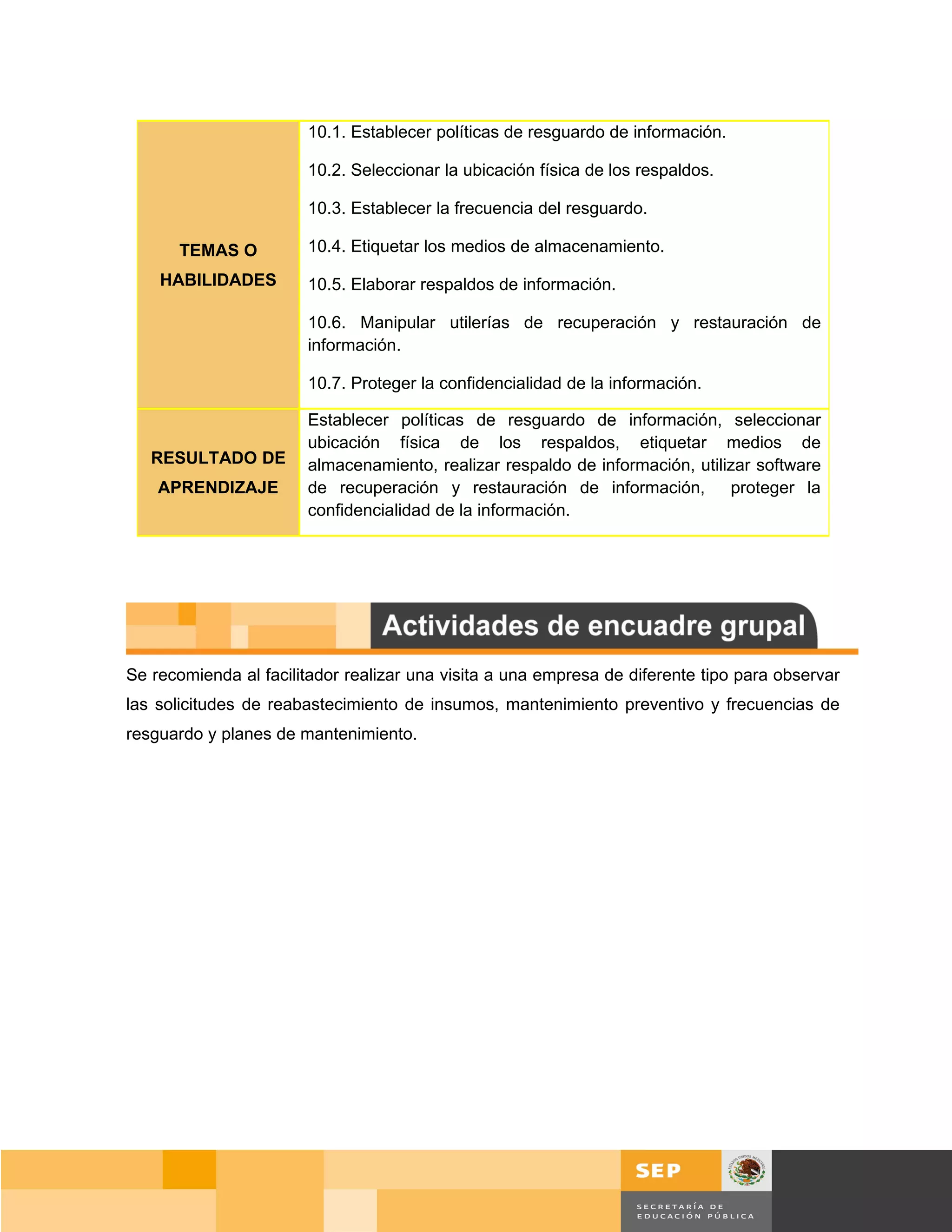10.1. Establecer políticas de resguardo de información.

                       10.2. Seleccionar la ubicación física de los respaldos.

                       10.3. Establecer la frecuencia del resguardo.

       TEMAS O         10.4. Etiquetar los medios de almacenamiento.
    HABILIDADES        10.5. Elaborar respaldos de información.

                       10.6. Manipular utilerías de recuperación y restauración de
                       información.

                       10.7. Proteger la confidencialidad de la información.

                       Establecer políticas de resguardo de información, seleccionar
                       ubicación física de los respaldos, etiquetar medios de
   RESULTADO DE        almacenamiento, realizar respaldo de información, utilizar software
    APRENDIZAJE        de recuperación y restauración de información,         proteger la
                       confidencialidad de la información.




Se recomienda al facilitador realizar una visita a una empresa de diferente tipo para observar
las solicitudes de reabastecimiento de insumos, mantenimiento preventivo y frecuencias de
resguardo y planes de mantenimiento.




                                                                                        Página 141 de 159
                                                                                    Página de
 