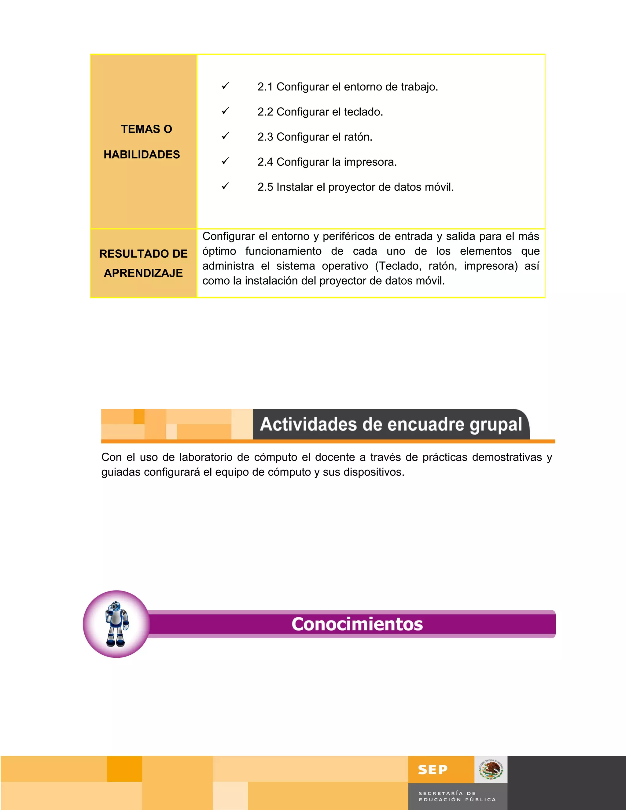       2.1 Configurar el entorno de trabajo.

                            2.2 Configurar el teclado.
   TEMAS O
                            2.3 Configurar el ratón.
HABILIDADES
                            2.4 Configurar la impresora.

                            2.5 Instalar el proyector de datos móvil.



                   Configurar el entorno y periféricos de entrada y salida para el más
RESULTADO DE       óptimo funcionamiento de cada uno de los elementos que
                   administra el sistema operativo (Teclado, ratón, impresora) así
APRENDIZAJE
                   como la instalación del proyector de datos móvil.




Con el uso de laboratorio de cómputo el docente a través de prácticas demostrativas y
guiadas configurará el equipo de cómputo y sus dispositivos.




                                                                                   Página 35 de 159
                                                                               Página de
 