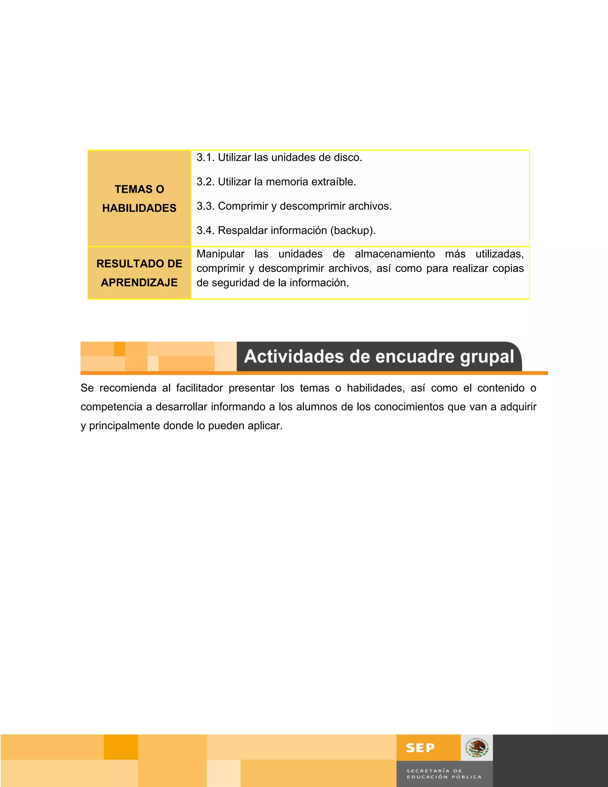 3.1. Utilizar las unidades de disco.

                       3.2. Utilizar la memoria extraíble.
      TEMAS O
    HABILIDADES        3.3. Comprimir y descomprimir archivos.

                       3.4. Respaldar información (backup).

                       Manipular las unidades de almacenamiento más utilizadas,
   RESULTADO DE        comprimir y descomprimir archivos, así como para realizar copias
    APRENDIZAJE        de seguridad de la información.




Se recomienda al facilitador presentar los temas o habilidades, así como el contenido o
competencia a desarrollar informando a los alumnos de los conocimientos que van a adquirir
y principalmente donde lo pueden aplicar.




                                                                                     Página 51 de 159
                                                                                 Página de
 