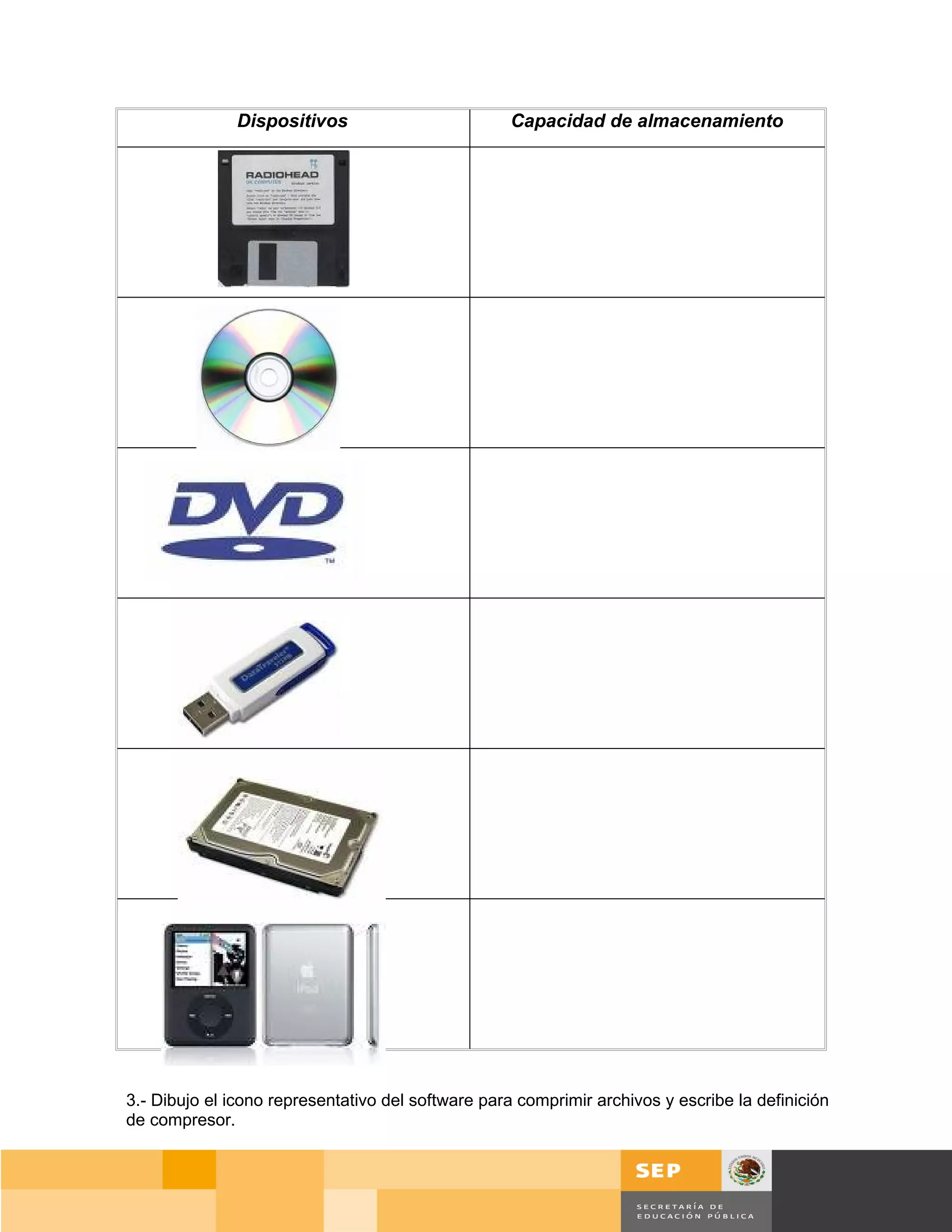 Dispositivos                         Capacidad de almacenamiento




3.- Dibujo el icono representativo del software para comprimir archivos y escribe la definición
de compresor.



                                                                                          Página 53 de 159
                                                                                      Página de
 