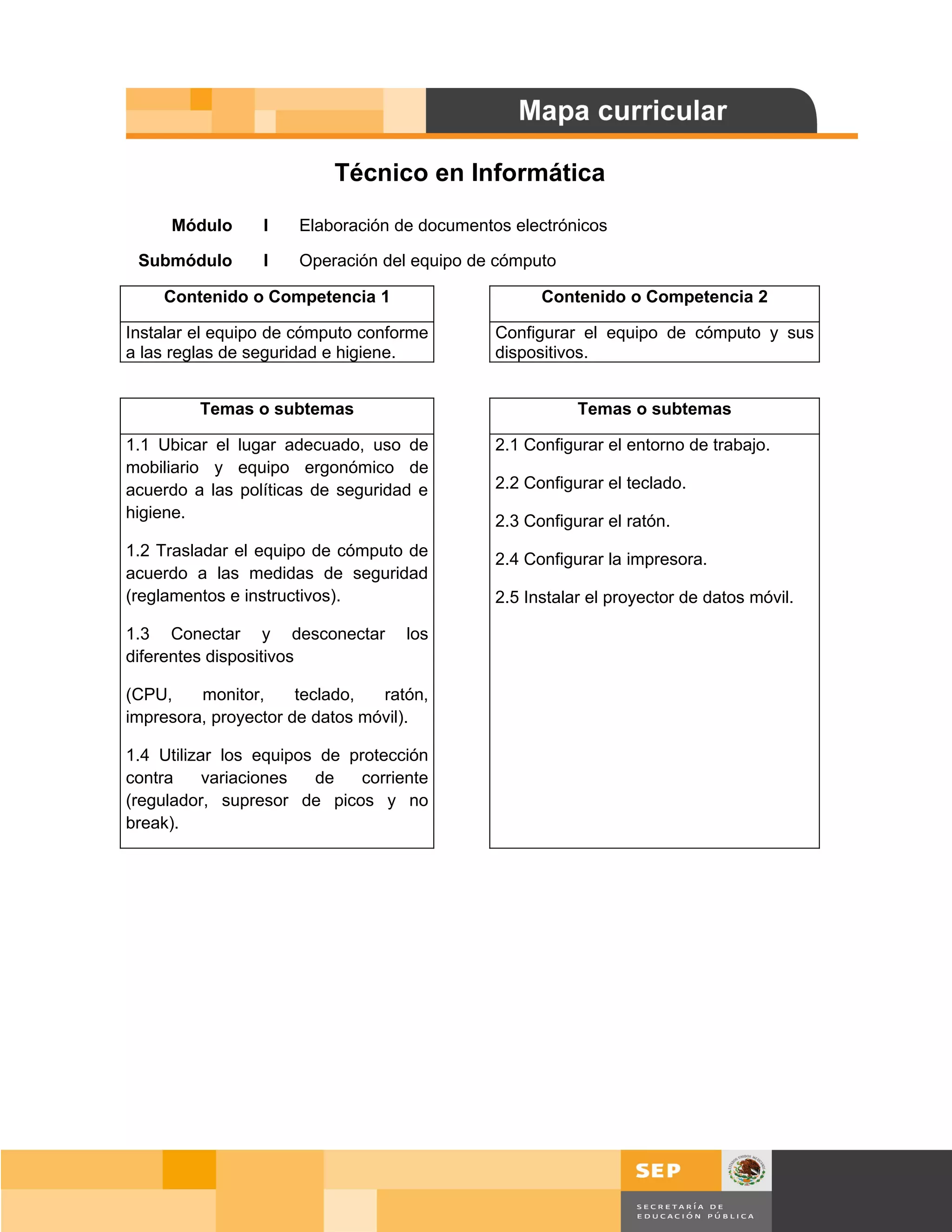 Técnico en Informática

     Módulo      I    Elaboración de documentos electrónicos

 Submódulo       I    Operación del equipo de cómputo

    Contenido o Competencia 1                       Contenido o Competencia 2

Instalar el equipo de cómputo conforme        Configurar el equipo de cómputo y sus
a las reglas de seguridad e higiene.          dispositivos.


         Temas o subtemas                                Temas o subtemas

1.1 Ubicar el lugar adecuado, uso de          2.1 Configurar el entorno de trabajo.
mobiliario y equipo ergonómico de
acuerdo a las políticas de seguridad e        2.2 Configurar el teclado.
higiene.                                      2.3 Configurar el ratón.
1.2 Trasladar el equipo de cómputo de         2.4 Configurar la impresora.
acuerdo a las medidas de seguridad
(reglamentos e instructivos).                 2.5 Instalar el proyector de datos móvil.

1.3 Conectar y desconectar          los
diferentes dispositivos

(CPU,    monitor,     teclado,  ratón,
impresora, proyector de datos móvil).

1.4 Utilizar los equipos de protección
contra     variaciones  de    corriente
(regulador, supresor de picos y no
break).




                                                                                          Página 6 de 159
                                                                                   Página de
 