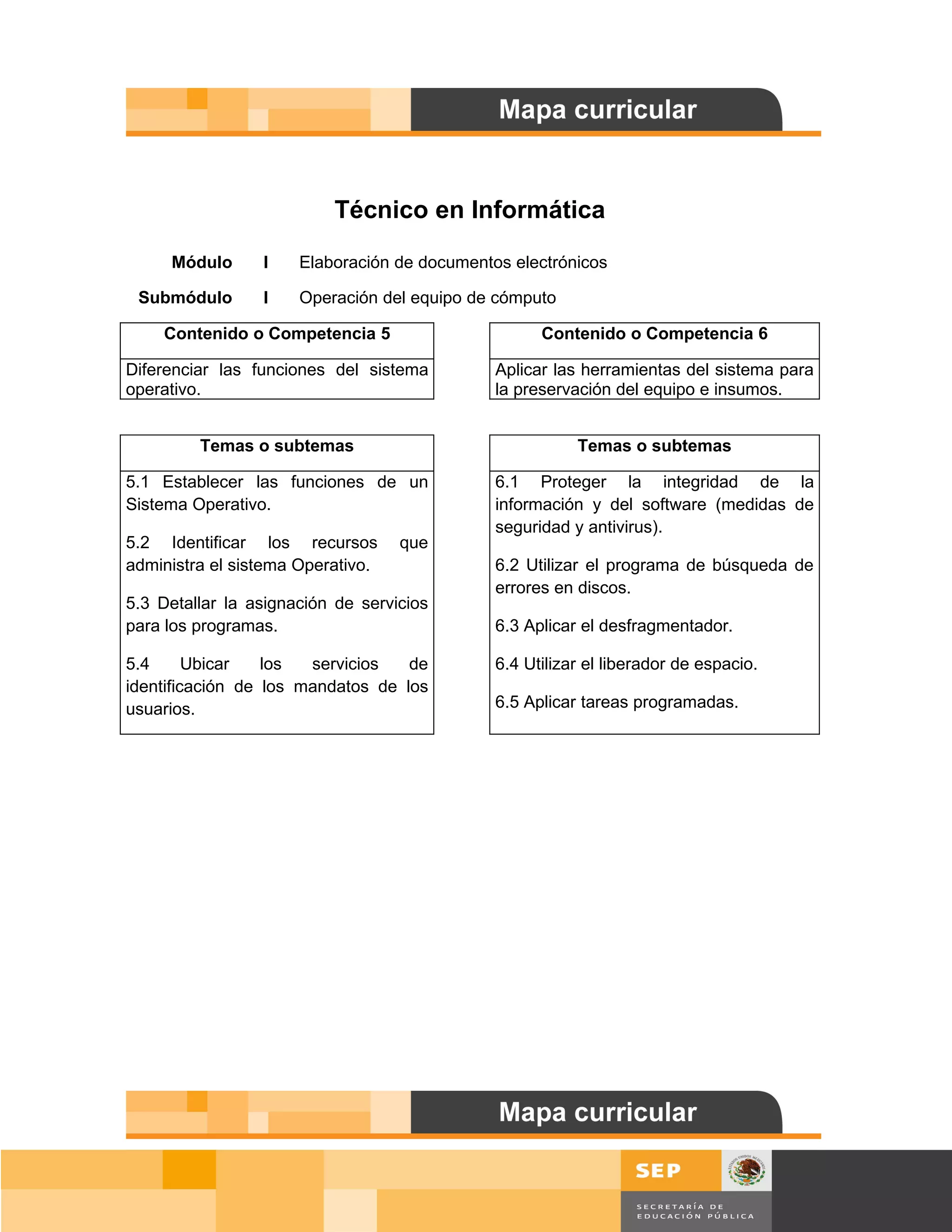 Técnico en Informática

     Módulo      I    Elaboración de documentos electrónicos

 Submódulo       I    Operación del equipo de cómputo

    Contenido o Competencia 5                       Contenido o Competencia 6

Diferenciar las funciones del sistema         Aplicar las herramientas del sistema para
operativo.                                    la preservación del equipo e insumos.


         Temas o subtemas                                Temas o subtemas

5.1 Establecer las funciones de un            6.1 Proteger la integridad de la
Sistema Operativo.                            información y del software (medidas de
                                              seguridad y antivirus).
5.2 Identificar los recursos       que
administra el sistema Operativo.              6.2 Utilizar el programa de búsqueda de
                                              errores en discos.
5.3 Detallar la asignación de servicios
para los programas.                           6.3 Aplicar el desfragmentador.

5.4      Ubicar   los  servicios   de         6.4 Utilizar el liberador de espacio.
identificación de los mandatos de los
usuarios.                                     6.5 Aplicar tareas programadas.




                                                                                          Página 8 de 159
                                                                                      Página de
 