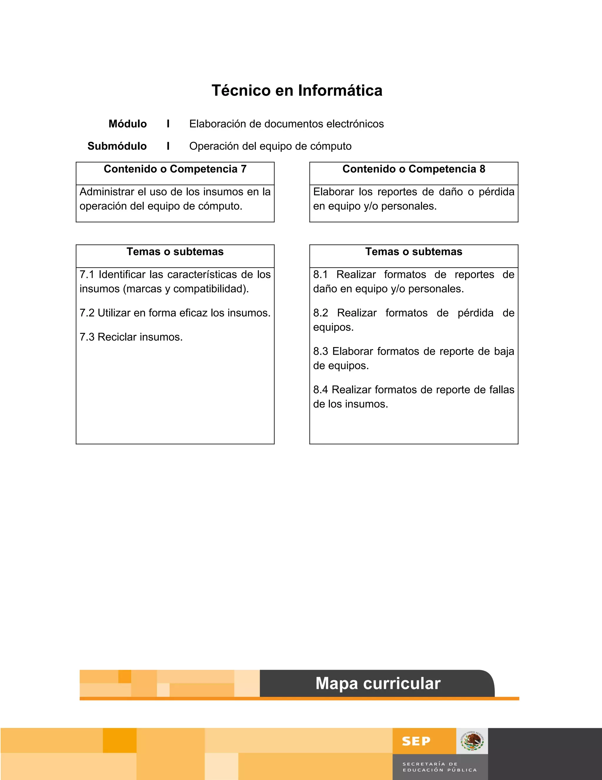 Técnico en Informática

      Módulo       I    Elaboración de documentos electrónicos

 Submódulo         I    Operación del equipo de cómputo

     Contenido o Competencia 7                        Contenido o Competencia 8

Administrar el uso de los insumos en la         Elaborar los reportes de daño o pérdida
operación del equipo de cómputo.                en equipo y/o personales.



          Temas o subtemas                                Temas o subtemas

7.1 Identificar las características de los      8.1 Realizar formatos de reportes de
insumos (marcas y compatibilidad).              daño en equipo y/o personales.

7.2 Utilizar en forma eficaz los insumos.       8.2 Realizar formatos de pérdida de
                                                equipos.
7.3 Reciclar insumos.
                                                8.3 Elaborar formatos de reporte de baja
                                                de equipos.

                                                8.4 Realizar formatos de reporte de fallas
                                                de los insumos.




                                                                                        Página 9 de 159
                                                                                    Página de
 