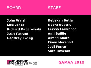 John Walsh Lisa Jones Richard Baberowski Josh Tarrant Geoffrey Ewing GAMAA 2010 Rebekah Butler Debra Beattie Leisha Lawrence Ann Baillie Aimee Board Fiona Marshall Jodi Ferrari Sara Dawson BOARD  STAFF 