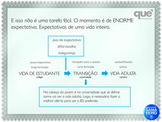 E isso não é uma tarefa fácil. O momento é de ENORME
expectativa. Expectativas de uma vida inteira.

                             pico da expectativa
                                difícil escolha
                                 insegurança

        pouca expectativa                   trampolim para o sucesso     sucesso/fracasso
        longa formação                            cur ta formação            sonhos

   VIDA DE ESTUDANTE                        TRANSIÇÃO                  VIDA ADULTA
             colégio                               universidade              carreira




                       Na cabeça do jovem é na universidade que se define
                       como vai ser a vida adulta. Logo, é necessário fazer a
                       melhor ofer ta para ser a IES preferida.
 