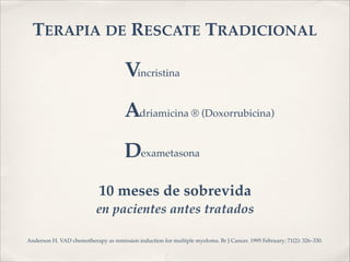 TERAPIA DE RESCATE TRADICIONAL 
V 
A 
D 
incristina 
driamicina ® (Doxorrubicina) 
exametasona 
10 meses de sobrevida ! 
en pacientes antes tratados 
Anderson H. VAD chemotherapy as remission induction for multiple myeloma. Br J Cancer. 1995 February; 71(2): 326–330. 
 