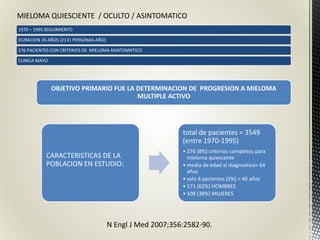 1970 – 1995 SEGUIMIENTO
DURACION 26 AÑOS (2131 PERSONAS-AÑO)
276 PACIENTES CON CRITERIOS DE MIELOMA ASINTOMATICO
CLINICA MAYO
OBJETIVO PRIMARIO FUE LA DETERMINACION DE PROGRESION A MIELOMA
MULTIPLE ACTIVO
CARACTERISTICAS DE LA
POBLACION EN ESTUDIO:
total de pacientes = 3549
(entre 1970-1995)
• 276 (8%) criterios completos para
mieloma quiescente
• media de edad al diagnostico= 64
años
• solo 8 pacientes (3%) < 40 años
• 171 (62%) HOMBRES
• 108 (38%) MUJERES
N Engl J Med 2007;356:2582-90.
MIELOMA QUIESCIENTE / OCULTO / ASINTOMATICO
 