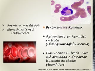  Anemia en mas del 50%
 Elevación de la VSG
(>50mm/hr)
 Fenómeno de Rouleaux:
 Apilamiento en hematíes
en frotis
(Hipergammaglobulinemia)
 Plasmocitos en frotis: raro
enf avanzada / descartar
leucemia de células
plasmáticas
García-Sanz R, et al, Mieloma Múltiple, Med Clin (Barc). 2007;129(3):104-15
 